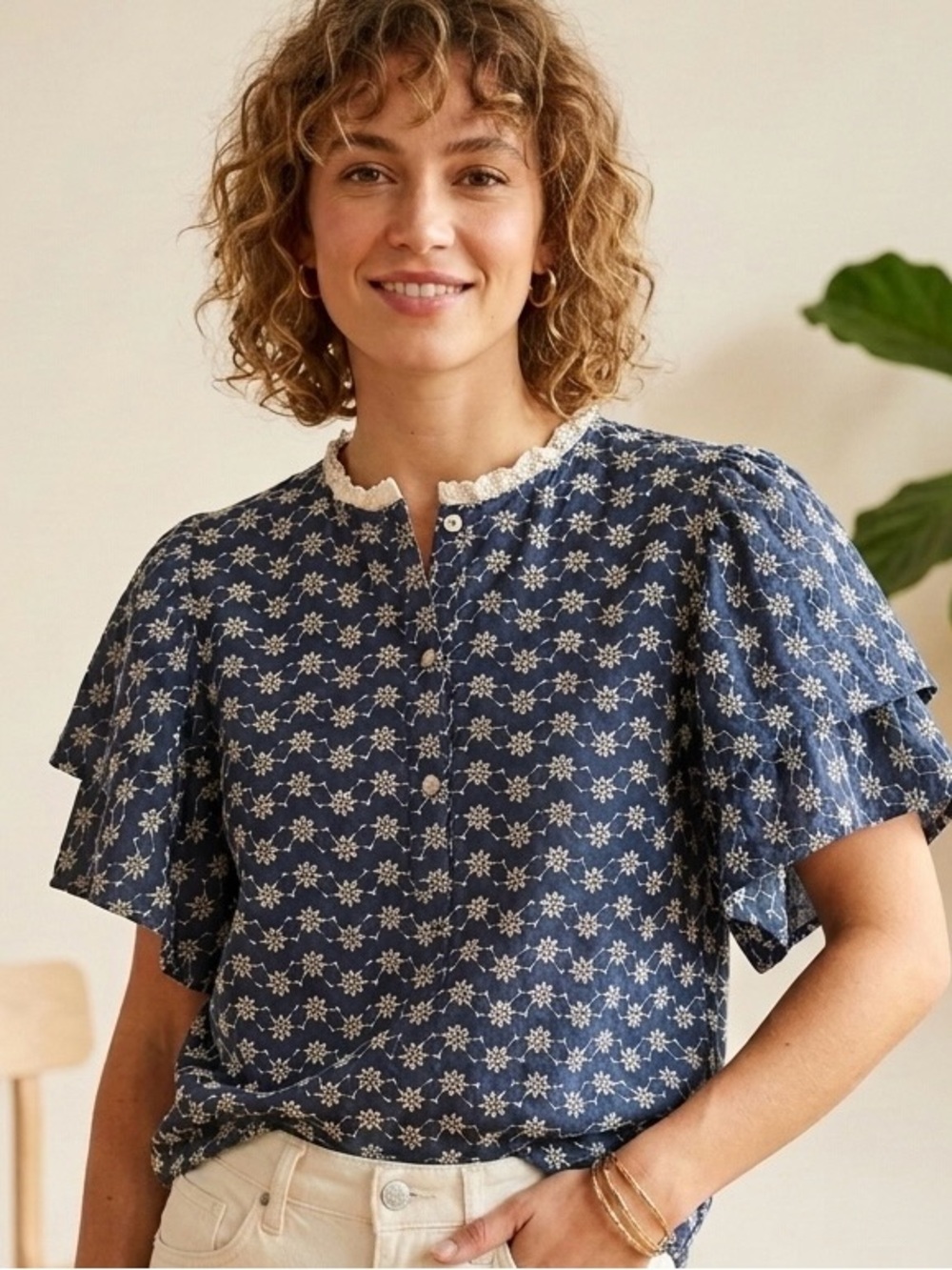 ZARA Navy Blue Floral Eyelet Daisy Embroidered Puff Sleeve Top with Lace Trim